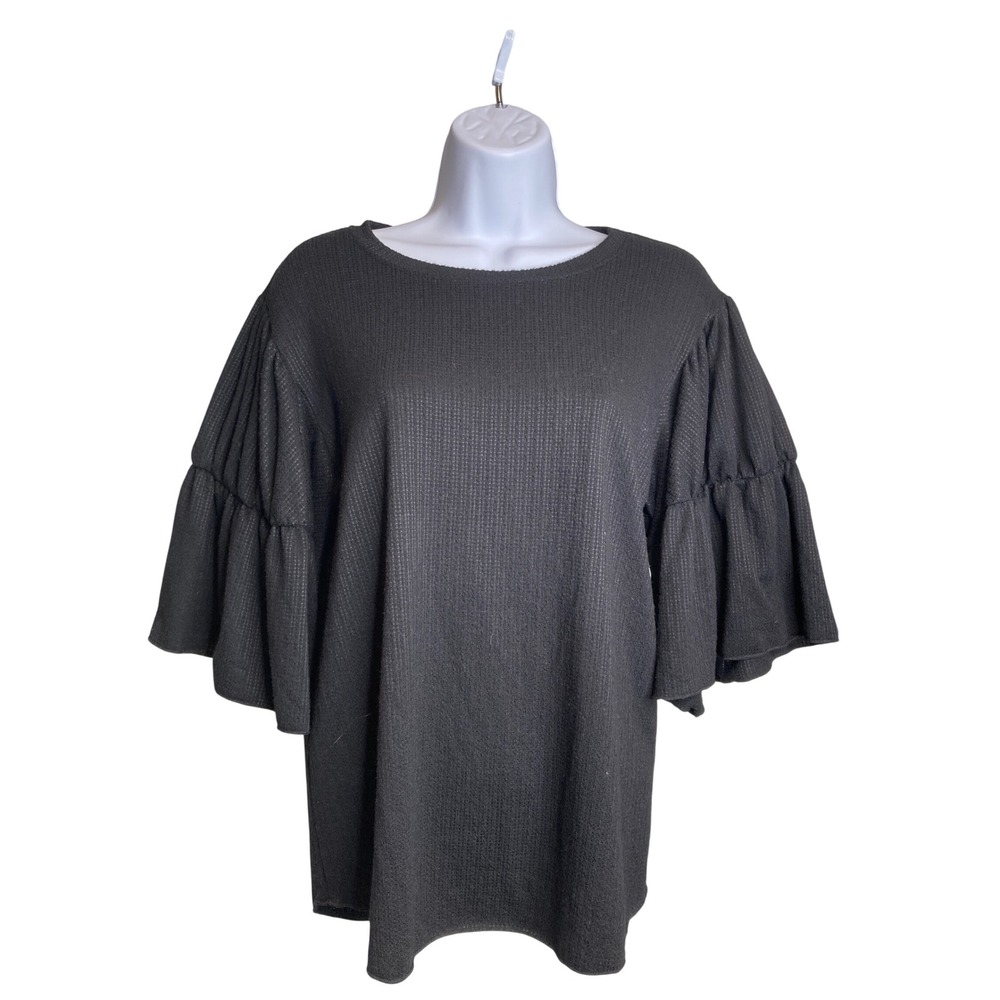 Nally & Millie Women's Black Ruffle Sleeve‎ Top Size M Boho Flowy Coastal Roomy